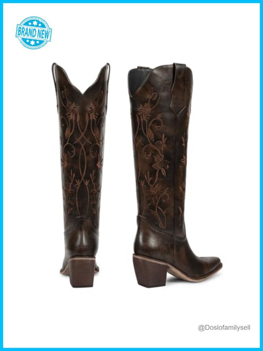 Vintage Embroidered Cowboy Boots Knee High Block Heel Pull-On - Picture 5 of 6